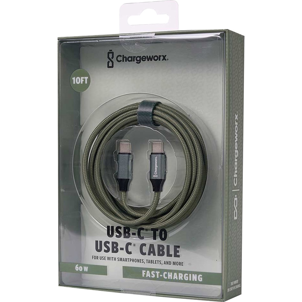 Power Cable, Tech, Chargeworx, Nylon, Tuff, 60 watt, 10', USB-C to USB-C, 988432, Watercress